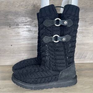 UGG Women’s 7 Black Tularosa Route Cable Knit Pull On Crochet Buckle Boots